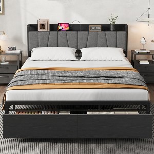 Whizmax Full Size Bed Frame with Upholstered Headboard, Industrial Full Platform Bed with 2 Storage Drawers and Charging Station, No Box Spring Needed - 1 of 4