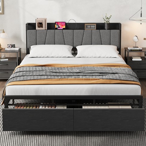 Whizmax Full Size Bed Frame with Upholstered Headboard, Industrial Full Platform Bed with 2 Storage Drawers and Charging Station, No Box Spring Needed - image 1 of 4