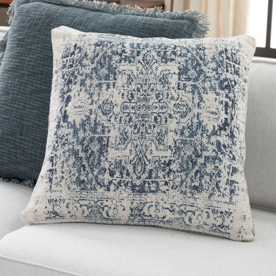20" Ivory and Navy Cotton Vintage Medallion Throw Pillow