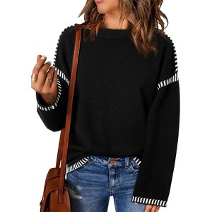 BLUEMING Womens Sweaters Fashion Crewneck Loose Long Sleeve Casual Contrast Cable Knit Pullover Sweater Tops - 1 of 4