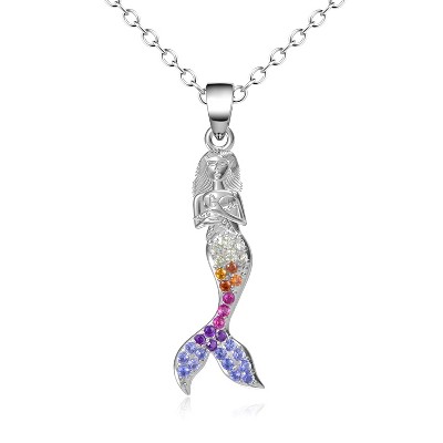 18K White Gold Muli-Colored Crystal Mermaid Pendant Necklace
