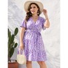 Women Plus Size V Neck Wrap Dress High Waist Short Sleeve Ruffle Casual Summer Midi Dress with Belt,purple flower,4XL - 4 of 4
