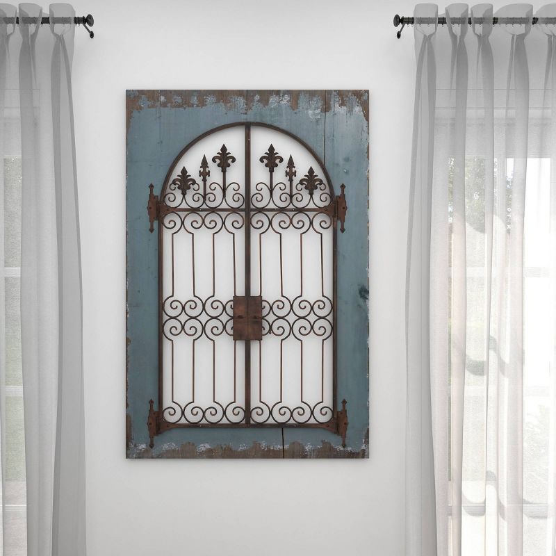 Wood Scroll Window Pane Inspired Wall Decor with Metal Fleur De Lis Relief Blue - Olivia &#38; May, 6 of 20