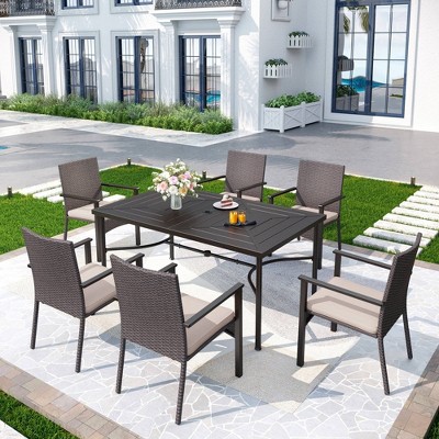 7pc Outdoor Dining Set: Steel Table, Wicker Chairs, Cushions - Captiva Designs