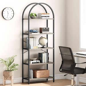 5 Tier Open Bookshelf, Industrial Arched Bookcase Display Shelf Racks, Wooden Bookcase Storage Shelves Metal Frame, Tall Storage Organizer, Black - 1 of 4