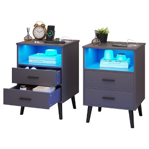 Fredees LED Nightstand with Charging Station, 3-Color Dimmable Lights, Modern Bedroom Bedside Table with Drawers, Open Shelf, Metal Legs - 1 of 4