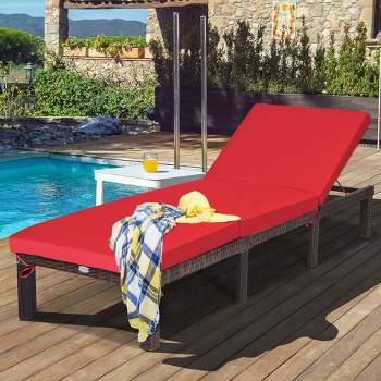 Costway 2PCS Outdoor Rattan Lounge Chair Chaise Recliner Adjustable Cushioned Turquoise\Red