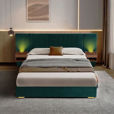 NicBex Queen Size Upholstered Bed Frame with Velvet Tufted Headboard,Platform Bed Frame with Floating Nightstand LED and USB Built-in,Green