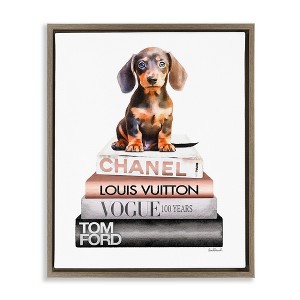 Stupell Industries Dachshund Puppy Bookstack Black Floater Framed Canvas Wall Art - 1 of 4