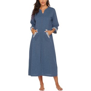 Ekouaer Women Zipper Robe 3/4 Sleeves Loungewear Dress Full Length Sleepwear Pockets Housecoat Nightgown Long Bathrobe Style 1 navy Blue S