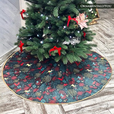 60-Inch Gold and Red Deer Pattern Holiday Tree Skirt