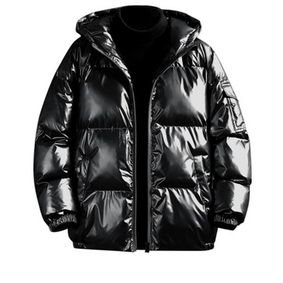 Men Glossy Puffer Jacket Winter Warm Stand Up Collar Zipper Coats  Heavyweight Shiny Quilting Jacket 