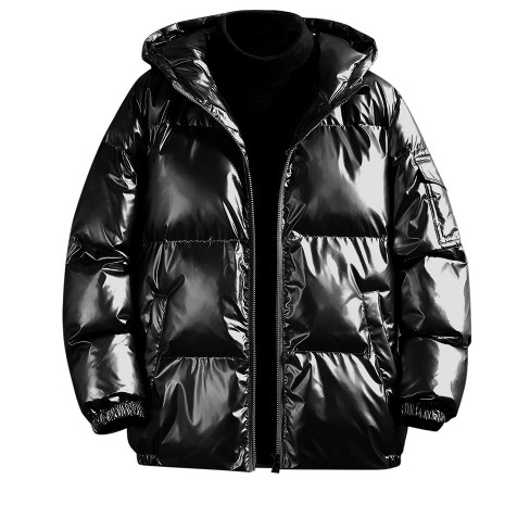 Black Shiny Puffer Jacket Mens with Hood