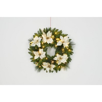 GustoWave 24 in Christmas Wreath with Light,Front Door Lighted Wreath with Pine Cones Flower Cypress Leaves Christmas Ball,Christmas Decorations