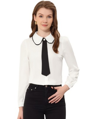Allegra K Women's Long Sleeve Button Up Peter Pan Collar Work Office Shirt