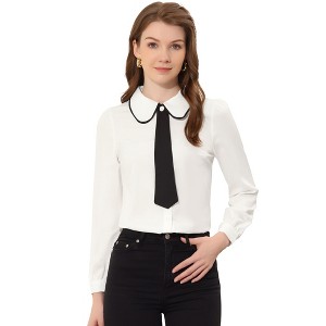 Allegra K Women's Long Sleeve Button Up Peter Pan Collar Work Office Shirt - 1 of 4