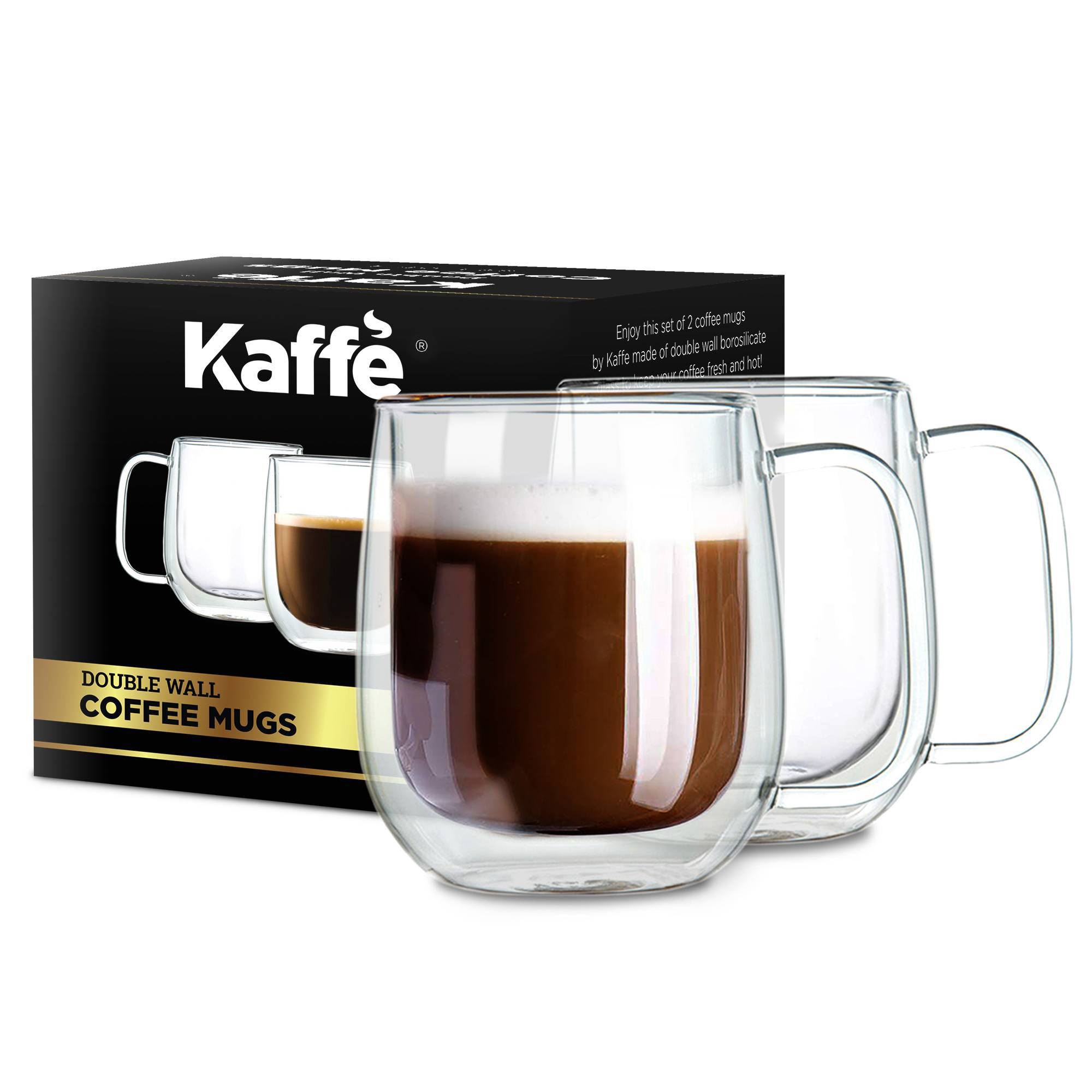 Kaffe 10oz Double-Wall Borosilicate Glass Cups - Set of 2: Dishwasher-Safe Glass Coffee Mugs for Hot Beverages