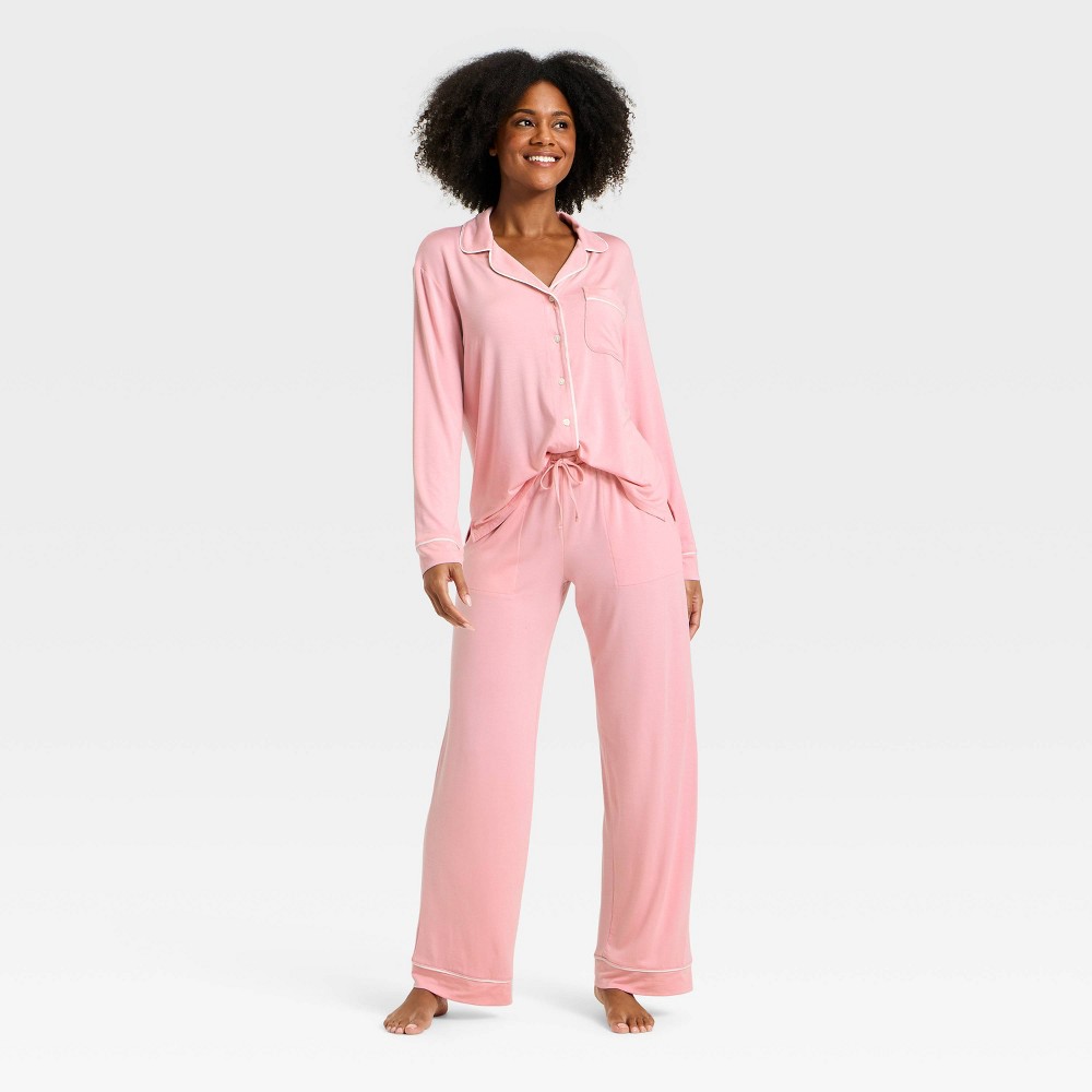 Women's Cloud Knit Modal Long Sleeve Notch Collar Top and Pants Pajama Set - Auden™ Pink XL