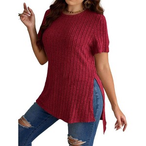 Women's Plus Size Tops Crew Neck Short Sleeve Split Hem Tee Shirt Casual Summer Ribbed Knit Blouses - 1 of 4