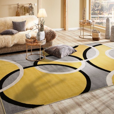 Yellow and Gray Abstract Circles 8' x 10' Synthetic Area Rug
