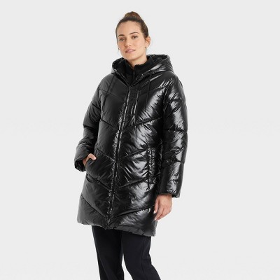 Women's Mid Length Wet Look Puffer Jacket - A New Day™ Black XS