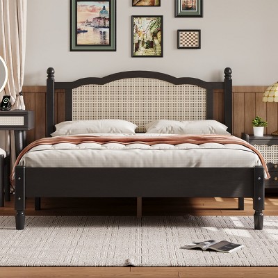 Wooden Platform Bed with Rattan Headboard, Minimalist Vintage Style Frame Bed with Slat Support for Bedroom-Baofuwish