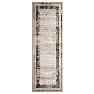 Washable Runner Rug – Modern Border Soft Distressed, Minimalist Non-Slip, Stain Resistant Kitchen & Hallway Carpet, Contemporary Indoor Runner Rug - 1 of 4