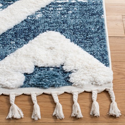 Blue and Ivory Diamond Shag Area Rug with Braided Tassels