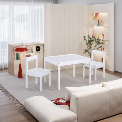 FURNIinspire Kids Table Sets 3 Piece Solid Wood Kids Table With 2 Chairs, Toddler Table And Chairs For Living Room, Nursery, White, 25"*19"*18"