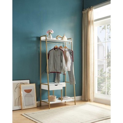 Metal Clothes Rack Open Wardrobe Free Standing with One Drawer Hanging Clothes Rod ¨C White & Gold Metal