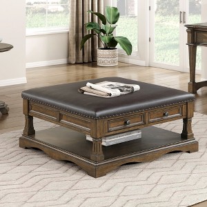 39" Wood Traditional Cocktail Table with 4 Drawers and Shelf with Upholstered Ottoman for Living Room - 1 of 4