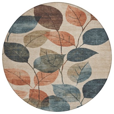HomeRoots 8' Beige Copper And Denim Blue Round Floral Washable Indoor Outdoor Area Rug
