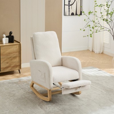 Lyngins Modern Indoor Armchair Rocking Chair with Retractable Footrest & Storage Pocket,Boucle Accent Chair with High Backrest