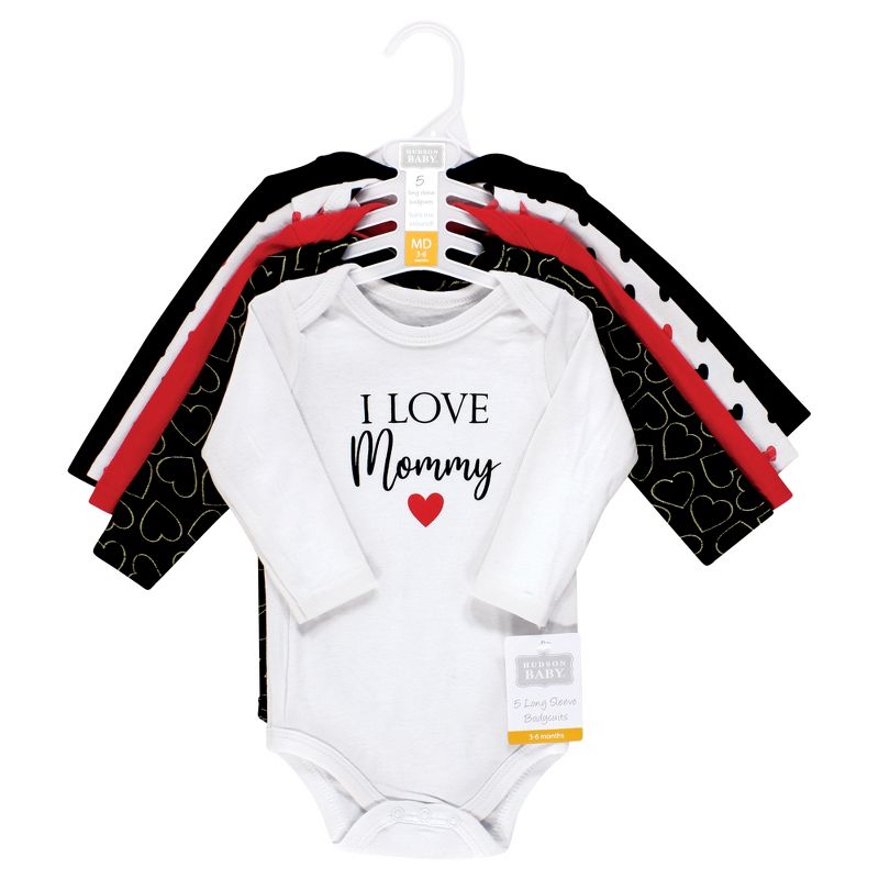 Hudson Baby Infant Girl Cotton Long-Sleeve Bodysuits, Girl Mommy Red Black 5-Pack, 2 of 8