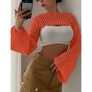 Womens Cropped Sweater Crochet Knit Crop Tops See Through Knit Sweater Beach Cover Ups - 1 of 4