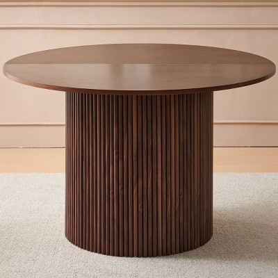 Dining Tables Round With Wood Veneer Tabletop, 47 Inch Dining Tables Modern Walnut, T-Shaped Design Dining Tables Round Wood For 4 Person-Cuddlewood