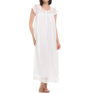 ADR 100% Cotton Nightgown for Women, Short Sleeve Button Up Long Vintage Night Dress Gown with Lace Trim - 1 of 4