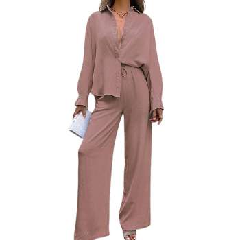 WhizMax Women's Casual 2 Piece Outfits Wide Leg Pants Sets Long Sleeve Button Down Shirt lounge sets Leisure Wear