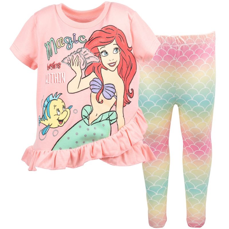 Disney Frozen Princess Moana Little Mermaid Floral Girls T-Shirt and Leggings Outfit Set Toddler to Big Kid, 1 of 9