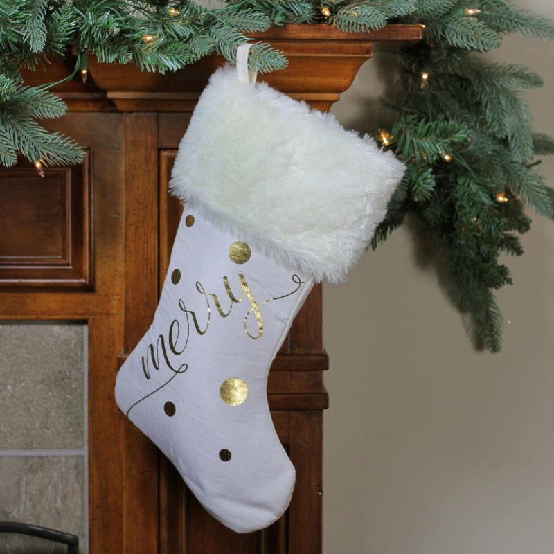 Northlight 19" Ivory White Gold Foil "Merry" Christmas Stocking with White Faux Fur Cuff, 2 of 3