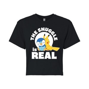 Women's - Pokémon - The Snuggle Is Real Pikachu And Piplup Cropped Graphic T-Shirt - 1 of 4