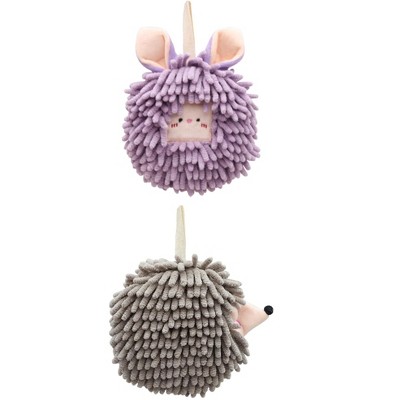 REGALWOVEN Chenille Fuzzy Ball Cute Cartoon Decorative Hand Drying Hanging Hand Towel for Bathroom 7" x 7" 2 Pcs