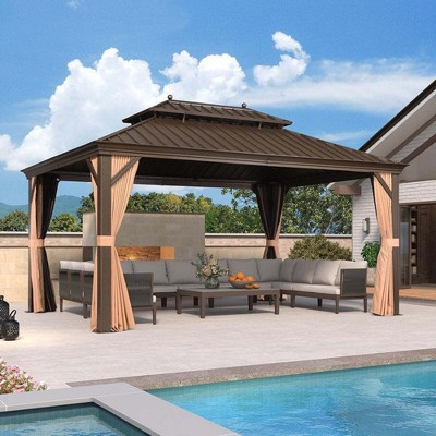 PURPLE LEAF Garden Bronze Double Roof Aluminum Frame Pavilion And Khaki Curtain  Outdoor Hardtop Gazebo