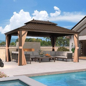 PURPLE LEAF Garden Bronze Double Roof Aluminum Frame Pavilion And Khaki Curtain  Outdoor Hardtop Gazebo - 1 of 4