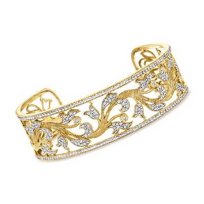 Ross-Simons 0.50 ct. t.w. Diamond Floral Filigree Cuff Bracelet in 18kt Gold Over Sterling