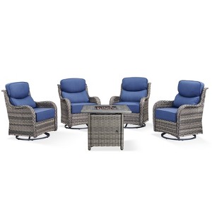 Buenhomino 7 Pieces Outdoor Patio Furniture Set with 30" Square Fire Pit Table, Rattan Wicker Swivel Rocker Chairs Sets - 1 of 4
