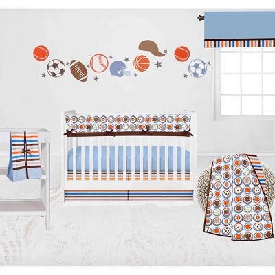 Bacati - Mod Sports Blue Orange Chocolate 6 pc Crib Bedding Set with Long Rail Guard Cover