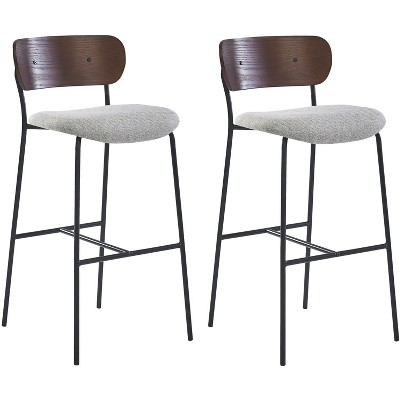 Nordlys Set of 2 Bar Stools with Wooden Back and Gray Fabric Modern Design Style Upholstery Dining Room
