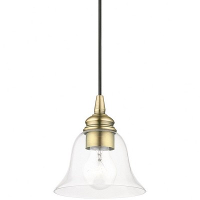 Transitional Hand-Blown Clear Glass Pendant in Antique Brass