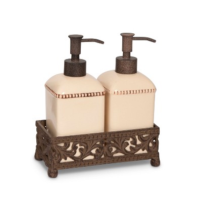 GG Collection Scrolled Acanthus Leaf Cream Ceramic Soap & Lotion Set With Metal Base Holder